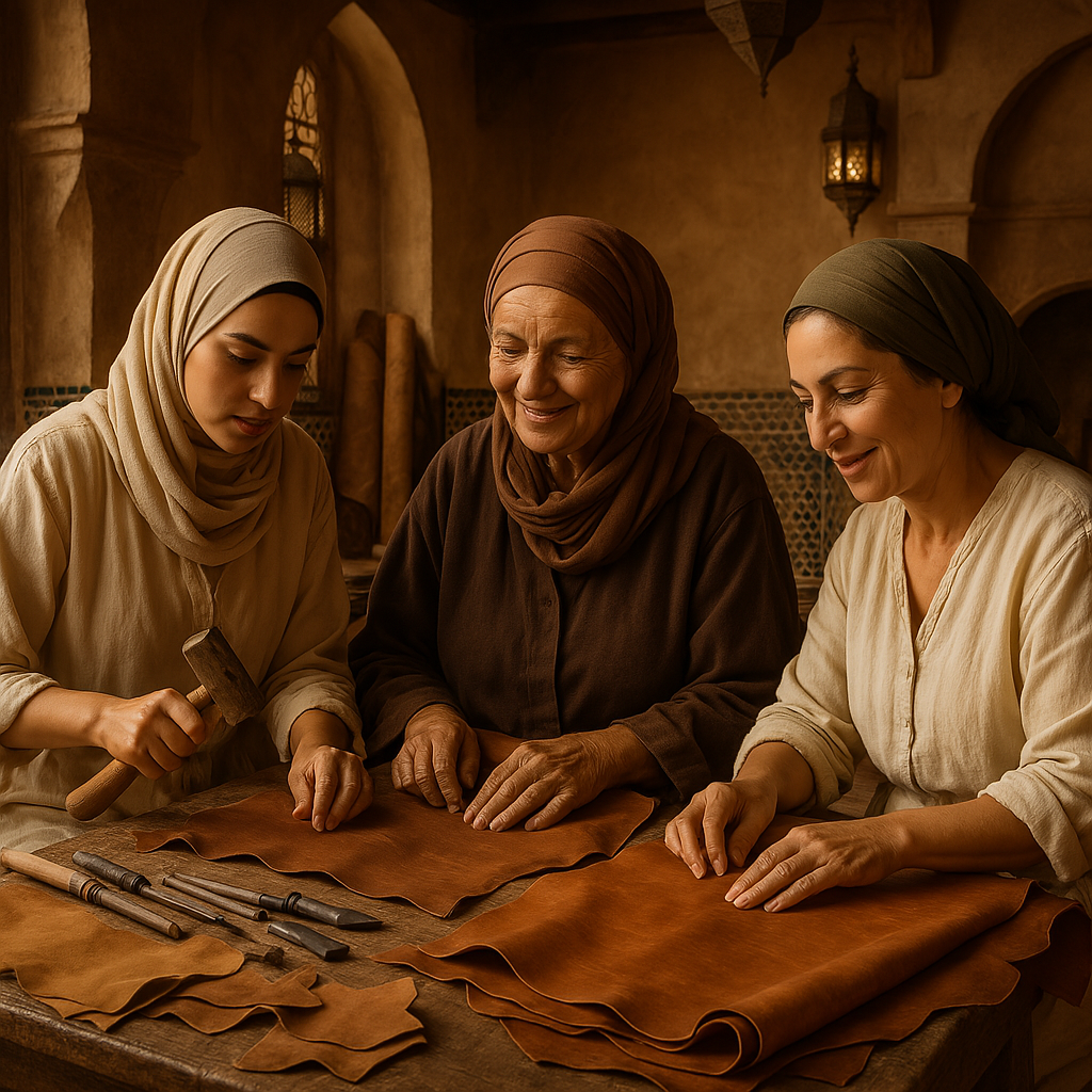 Femmes marocaines travaillant le cuir
